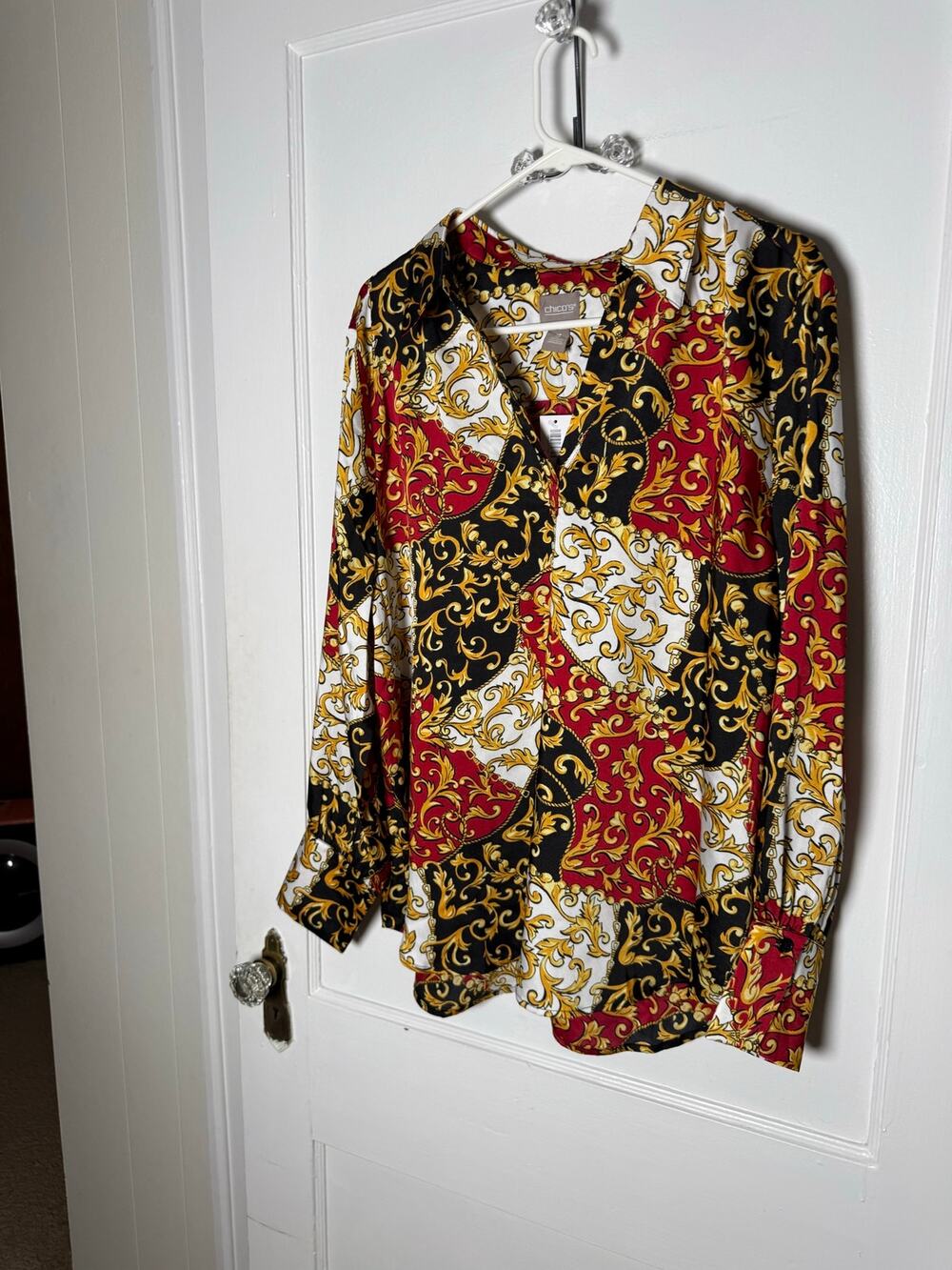 Chico’s SZ 3 Baroque Scarf Print Tunic Blouse Gold Red Black Quiet Luxury NWT XL